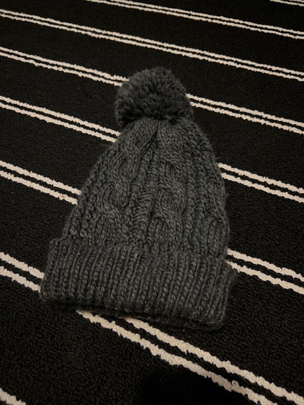 Grey Cable Knit Pom Pom Ribbed Beanie